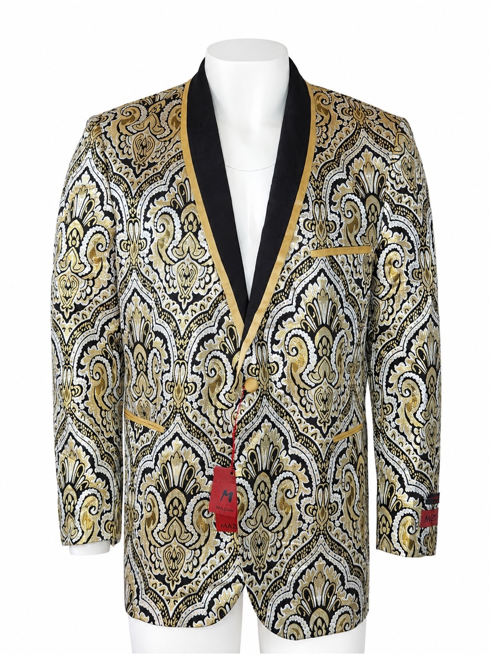 Mazari Men’s Gold Black Brocade Paisley Tuxedo Blazer Jacket NWT